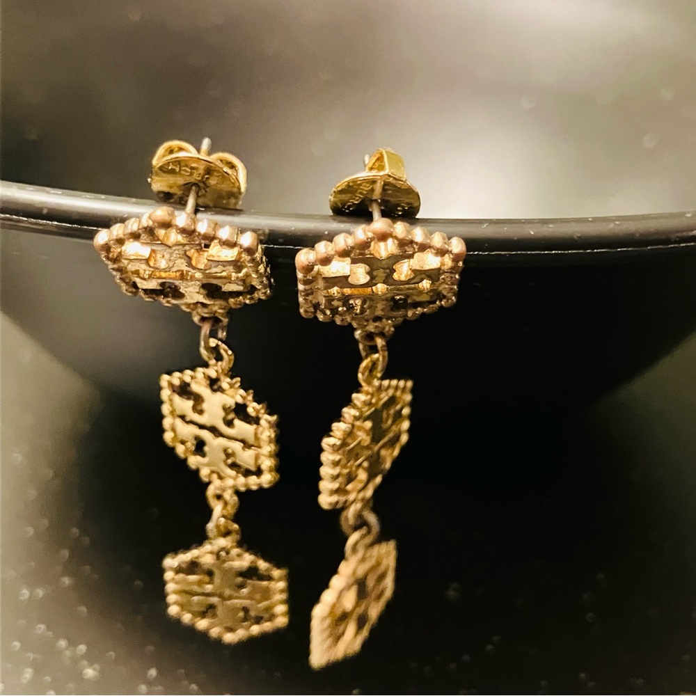 Tory Burch- Hex Logo 3 Tier Drop Stud Earrings in Gold. EUC. - Picture 2 of 7